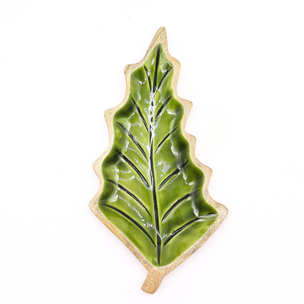 Green Leaf-Shaped Wooden Trinket Bowl