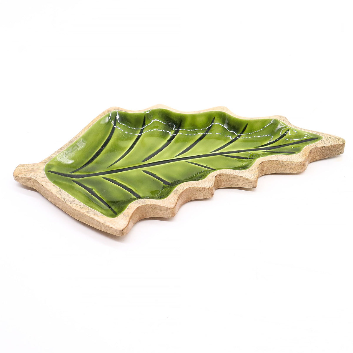Green Leaf-Shaped Wooden Trinket Bowl