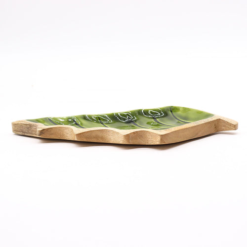 Green Leaf-Shaped Wooden Trinket Bowl