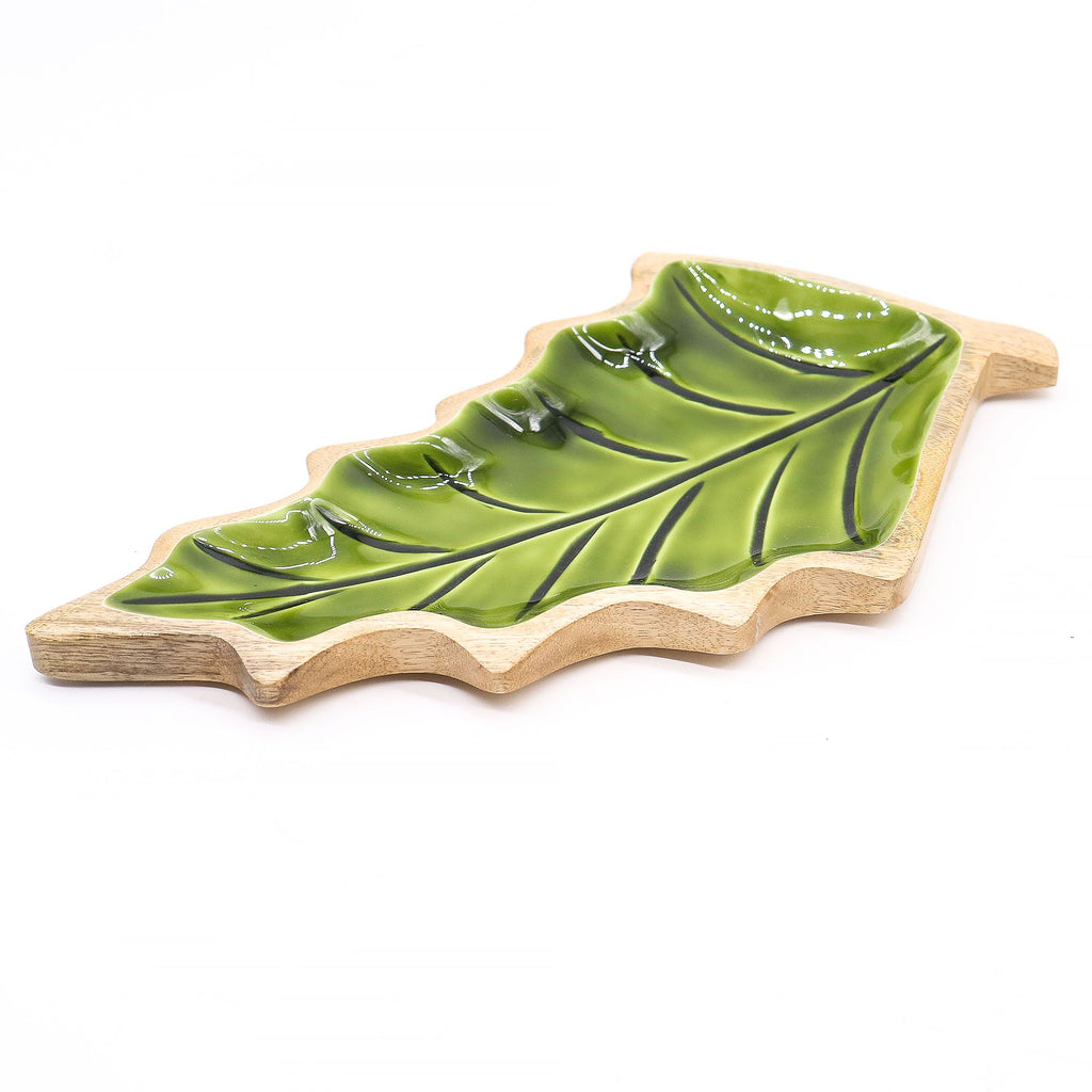 Green Leaf-Shaped Wooden Trinket Bowl
