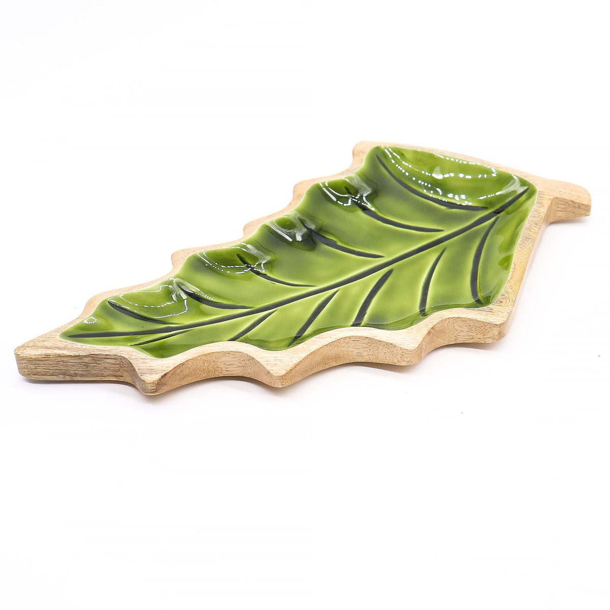 Green Leaf-Shaped Wooden Trinket Bowl