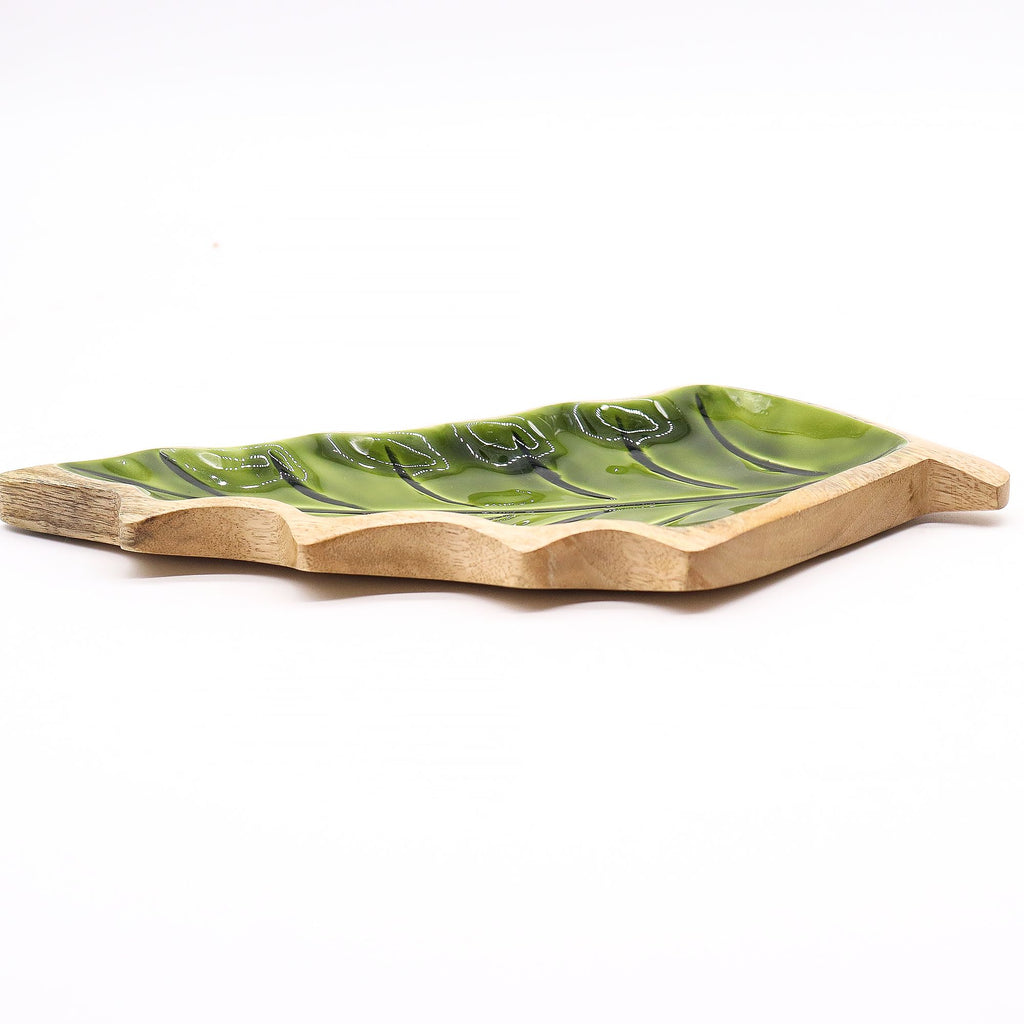 Green Leaf-Shaped Wooden Trinket Bowl