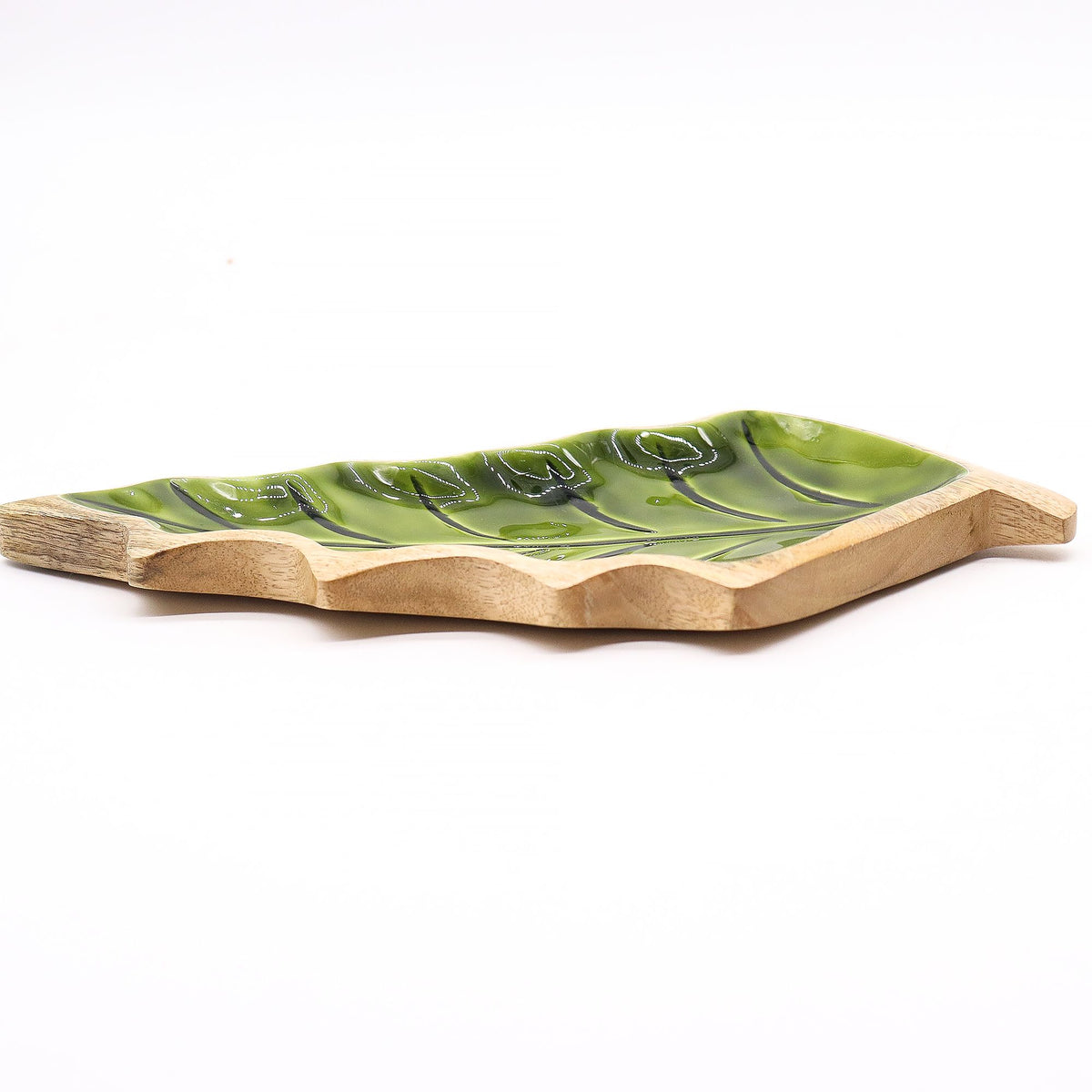 Green Leaf-Shaped Wooden Trinket Bowl