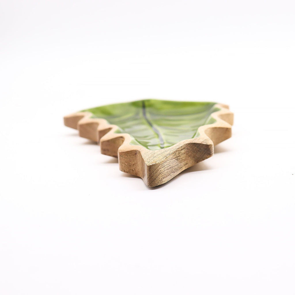 Green Leaf-Shaped Wooden Trinket Bowl