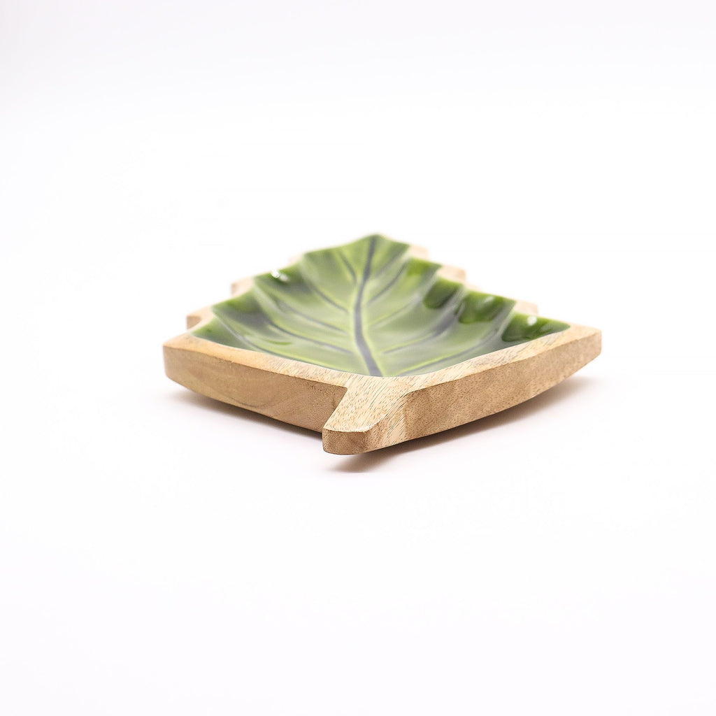 Green Leaf-Shaped Wooden Trinket Bowl