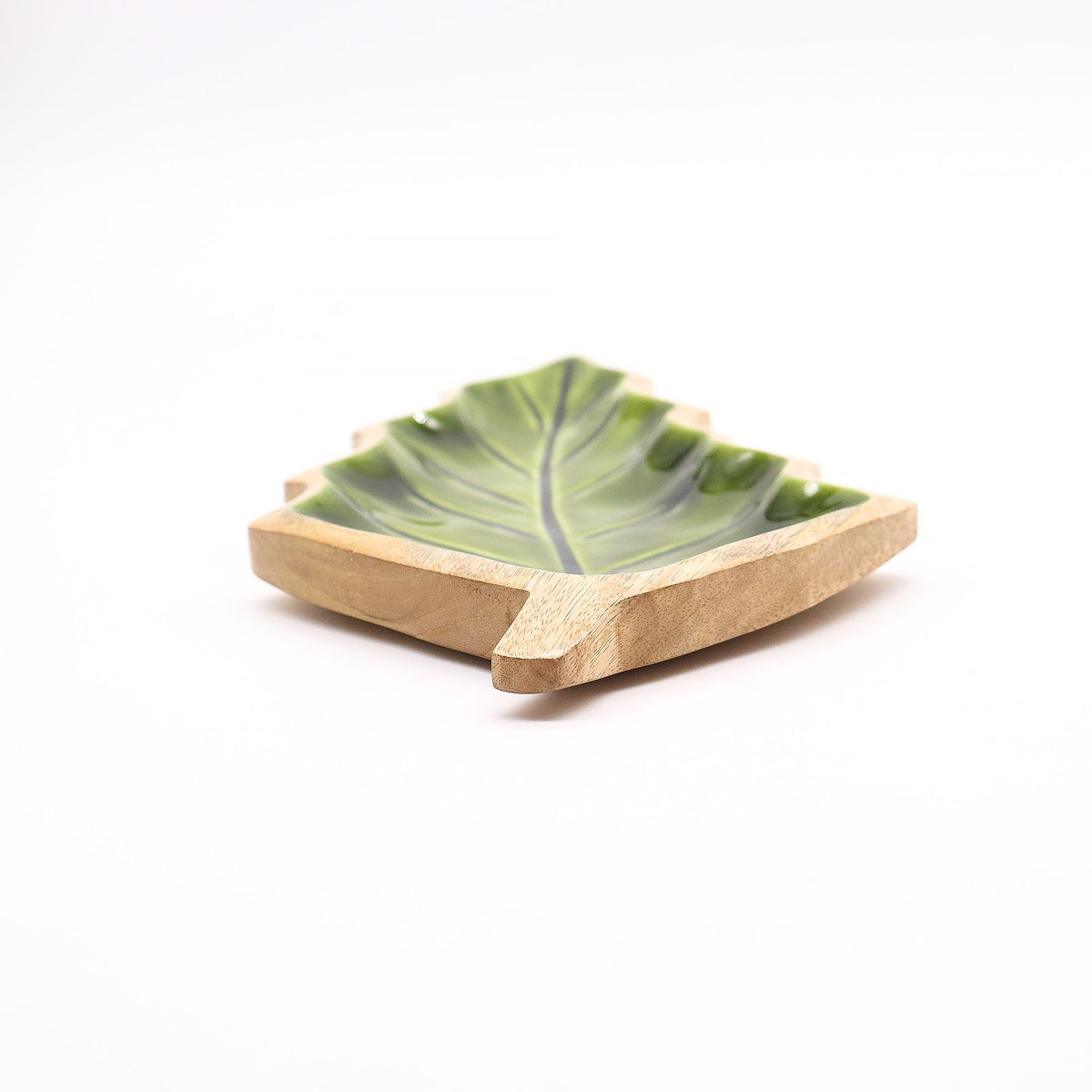 Green Leaf-Shaped Wooden Trinket Bowl