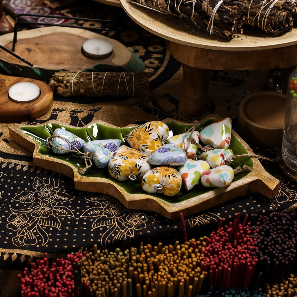 Green Leaf-Shaped Wooden Trinket Bowl