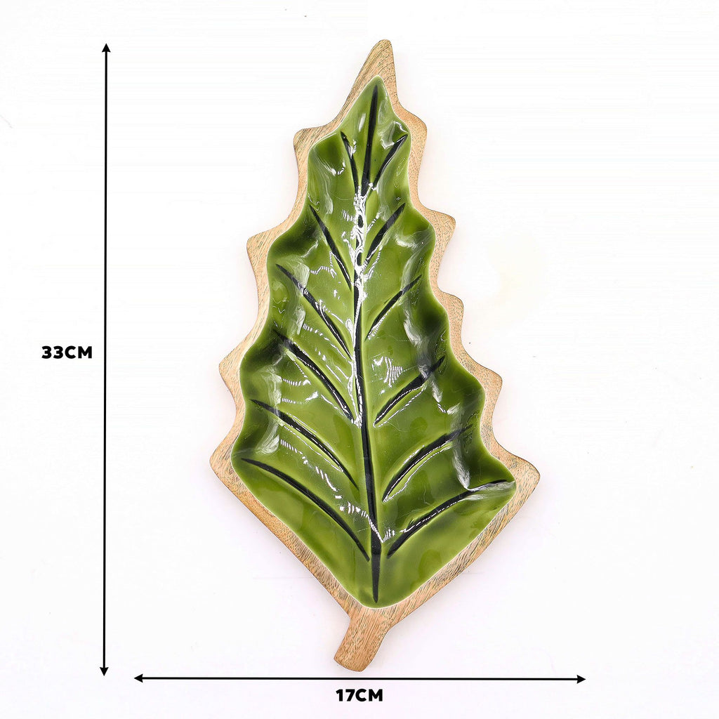 Green Leaf-Shaped Wooden Trinket Bowl