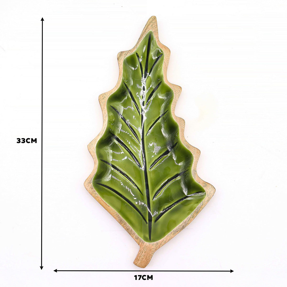 Green Leaf-Shaped Wooden Trinket Bowl
